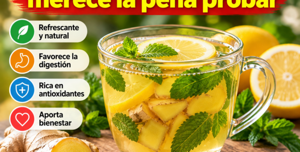 Infusión de jengibre, limón y menta en taza de vidrio con ingredientes frescos